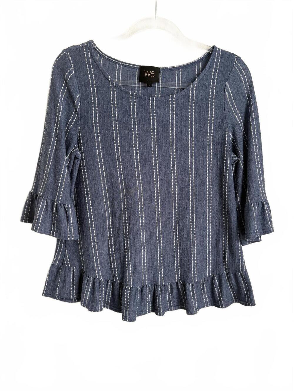 Anthropologie | W5 3/4 Sleeve Dusty Blue White Striped Embroidery Ruffle Size L